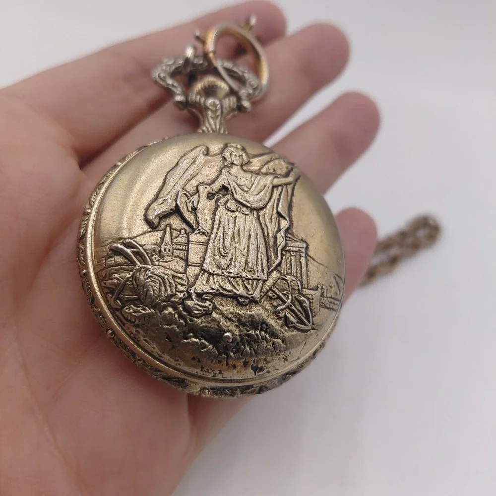 Vintage Sundial 17 Jewels Pocket Watch Etched Design Chain Not Working